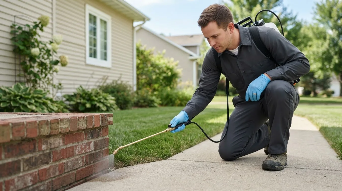 Pest control technician treating a home near Clermont, IA