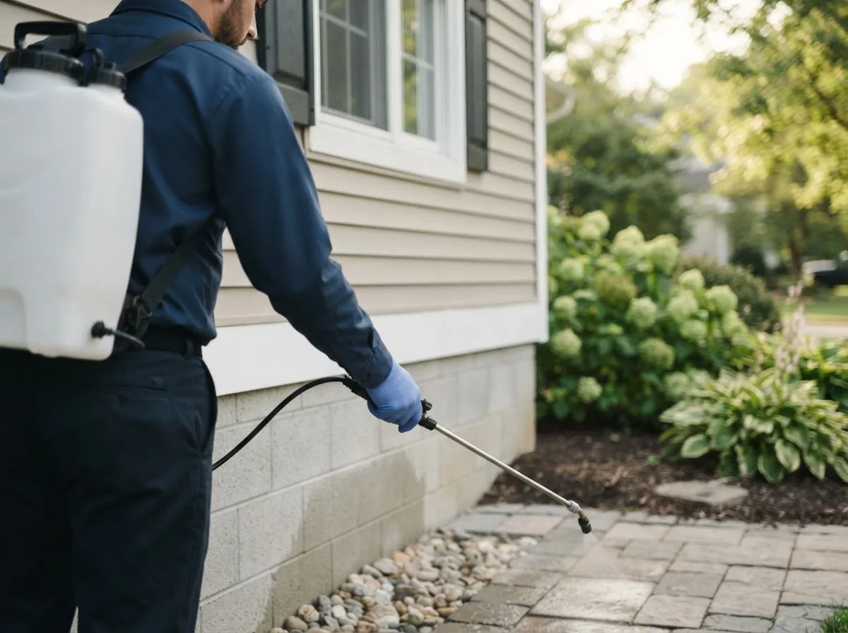Pest control technician inspecting a home in Clermont, IA